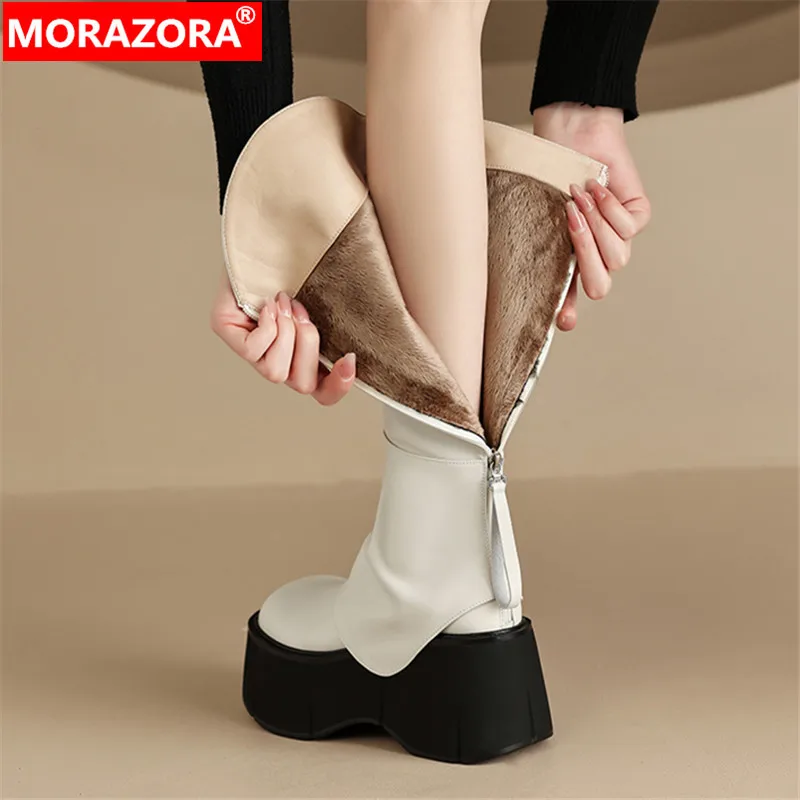 MORAZORA 2024 New Zipper Genuine Leather Women Boots Ladies Chunky Platform Boots Autumn Winter Knee High Boots