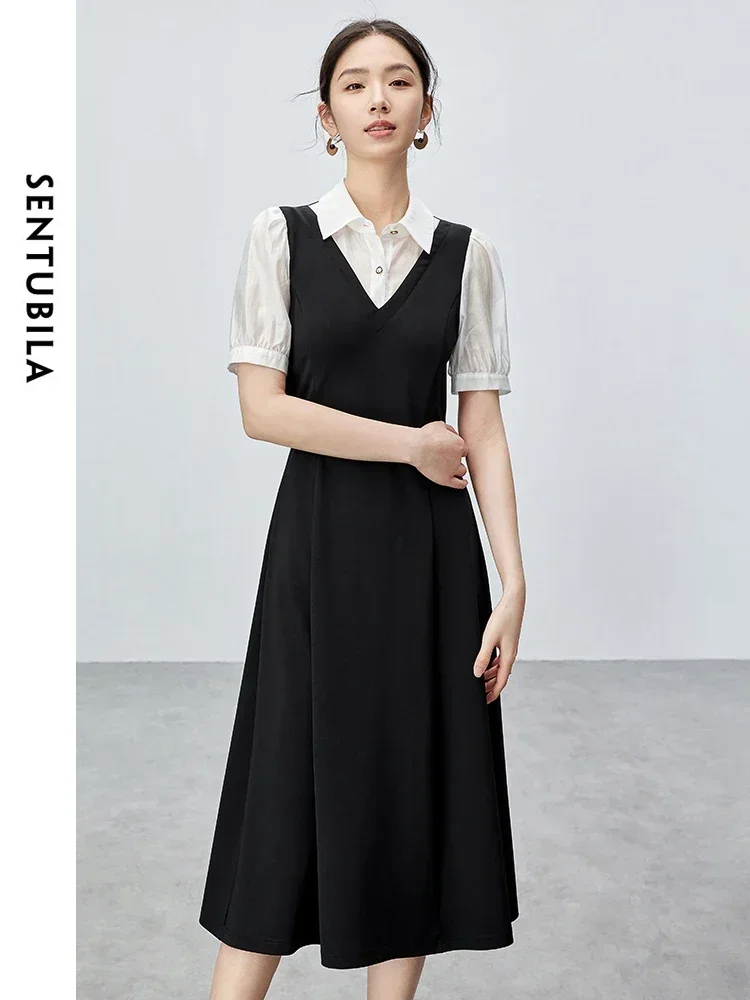 

SENTUBILA Contrast Spliced Polo Collar Midi Dress 2024 Summer Commuter Pullover A-line Short Sleeve Shirt Dresses 142L54969