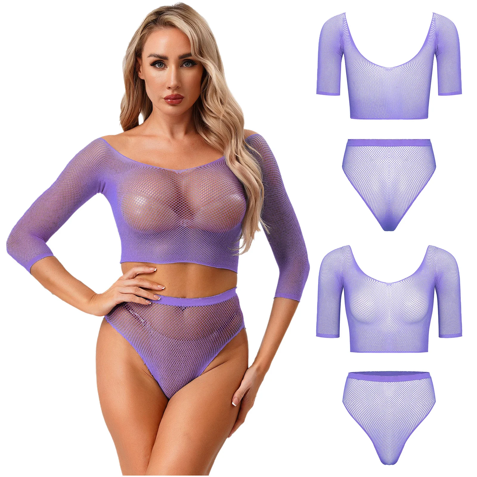 مجموعة ملابس داخلية نسائية شفافة من خلال شبكة صيد السمك بأكمام قصيرة مع مجموعة ملابس داخلية عالية الخصر للاجتماعات الليلية والرقص على القطب #5
