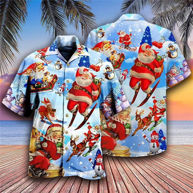 Christmas Men\'s Hawaii Shirt Short Sleeve New Year Xmas 3D Printing Tops Santa Claus Party Beachwear Camping Vacation Apparel