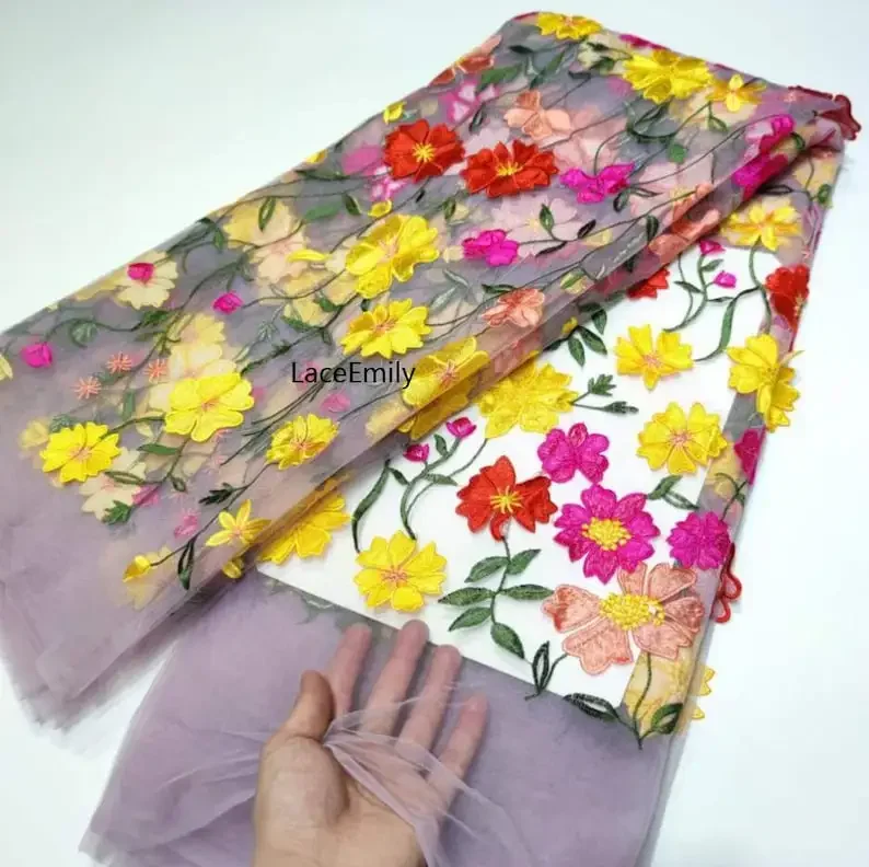 Tessuto di pizzo ricamato con fiori 3D colorati di alta qualità Tessuto floreale in tulle per abito da ragazza Abito da ballo Abito da sposa 5 metri