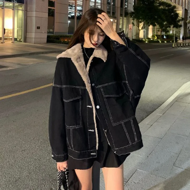 Casual Thick Warm Winter Coat for Women Oversized Winter Fashion Lambswool Jean Denim Jackets Womens Cotton Clothes Korean Style