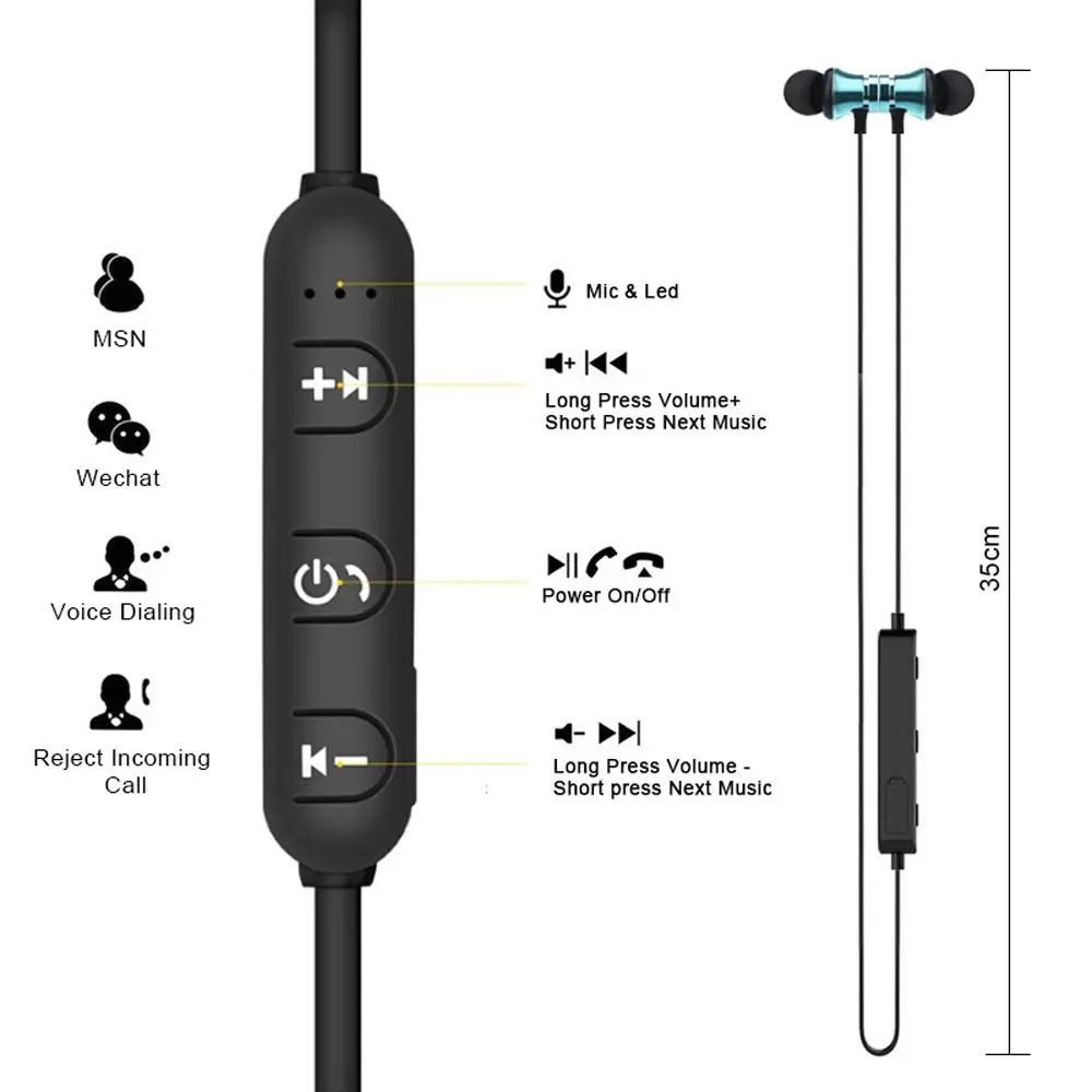 In-Ear Stereo Music Headset with Mic Handsfree Phone Neckband Hanging Neck Wireless Bluetooth Earphone Sport Earbuds Magnetic view 4