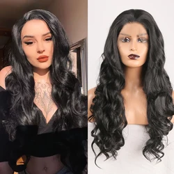 AIMEYA Loose Wave 13*4 Lace Front Synthetic Wigs Long Lace Front Wig with Pre Plucked Natrural Hairline Black Synthetic Lace Wig