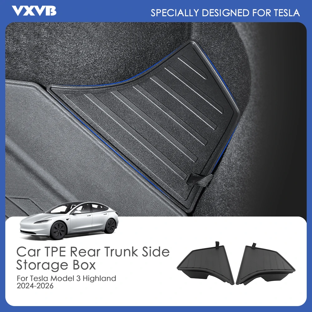 

For Tesla Model 3 Highland 2024-2026 TPE Trunk Storage Bins Organizer Waterproof Rear Trunk Side Storage Box Stowing Accessories