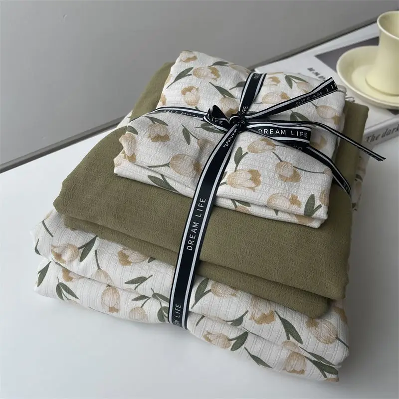 Jacquard Small Cotton Bed Four-piece Set Double Yarn Floral Quilt Set Student Dormitory Bed Sheet 3-piece Set Class A Super Soft