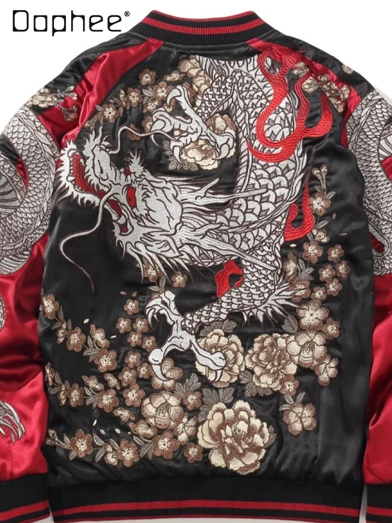 

Trendy Double-sided Heavy Industry Dragon Embroidered Baseball Jacket Men Personality Contrasting Colors Street Personality Coat