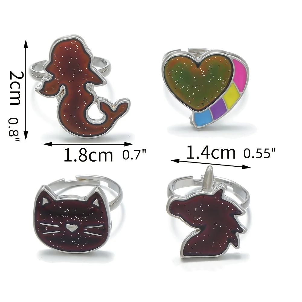 4Pcs/set Girls Mood Colour Changing Unicorn Mermaid Cat Love Ring Set for Daughter Sisters Best Friend Gifts