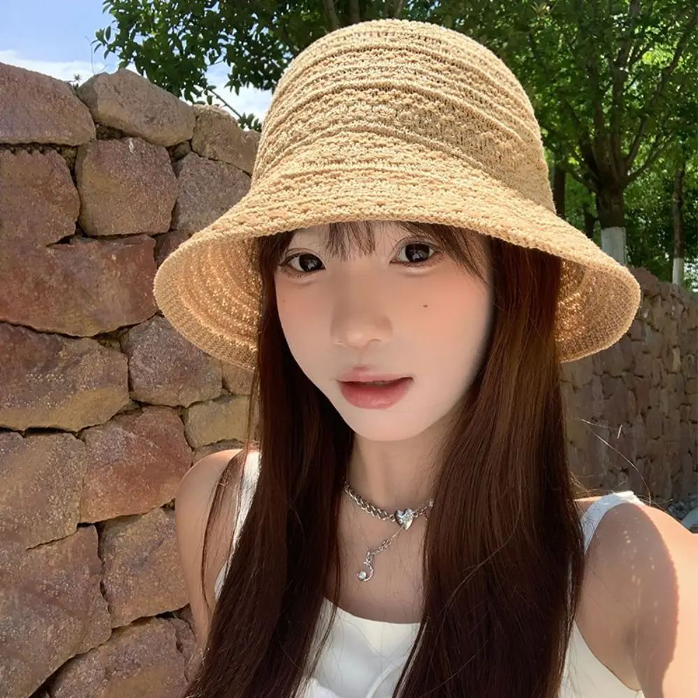 

Ins Summer Weaving Straw Cap Women's Handmade Beach Sun hat Outdoor Wide Brimmed Visor Bucket Hat Travel