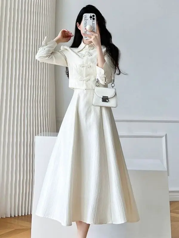 Elegant Reformed  Two-Piece Set Women's Spring Autumn Fashion Tea Break Design Dress Ensemble High Waist Long Sleeve