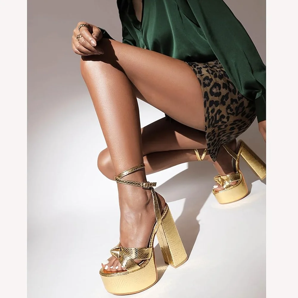

Gold Platform Chunky Block Heel Sandals Fashion Croc-Embossed Knot Detail Double Ankle Straps Open-Toe Shoes for Urban Style