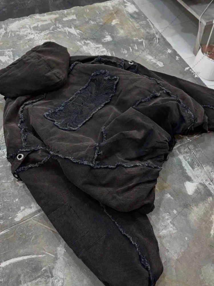 فاسق شارع العليا أزياء المدمرة نمط سستة هوديي الرجال متعدد جيب المطرزة البلوز العصرية ويسكي تصميم عارضة