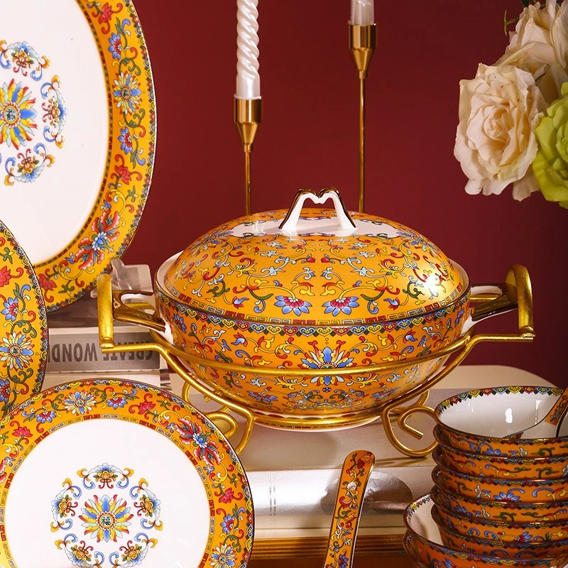 

80 high-end new Chinese style, enamel color drawing bone china tableware set, a full set of light luxury and high-end home use