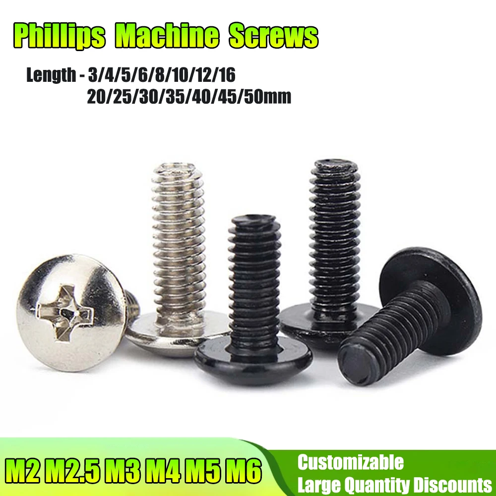 50/100Pcs Phillips Mushroom Head Machine Screws M2 M2.5 M3 M4 M5 M6 Carbon Steel Cross Recessed Half Round Head Bolts L=3-50mm