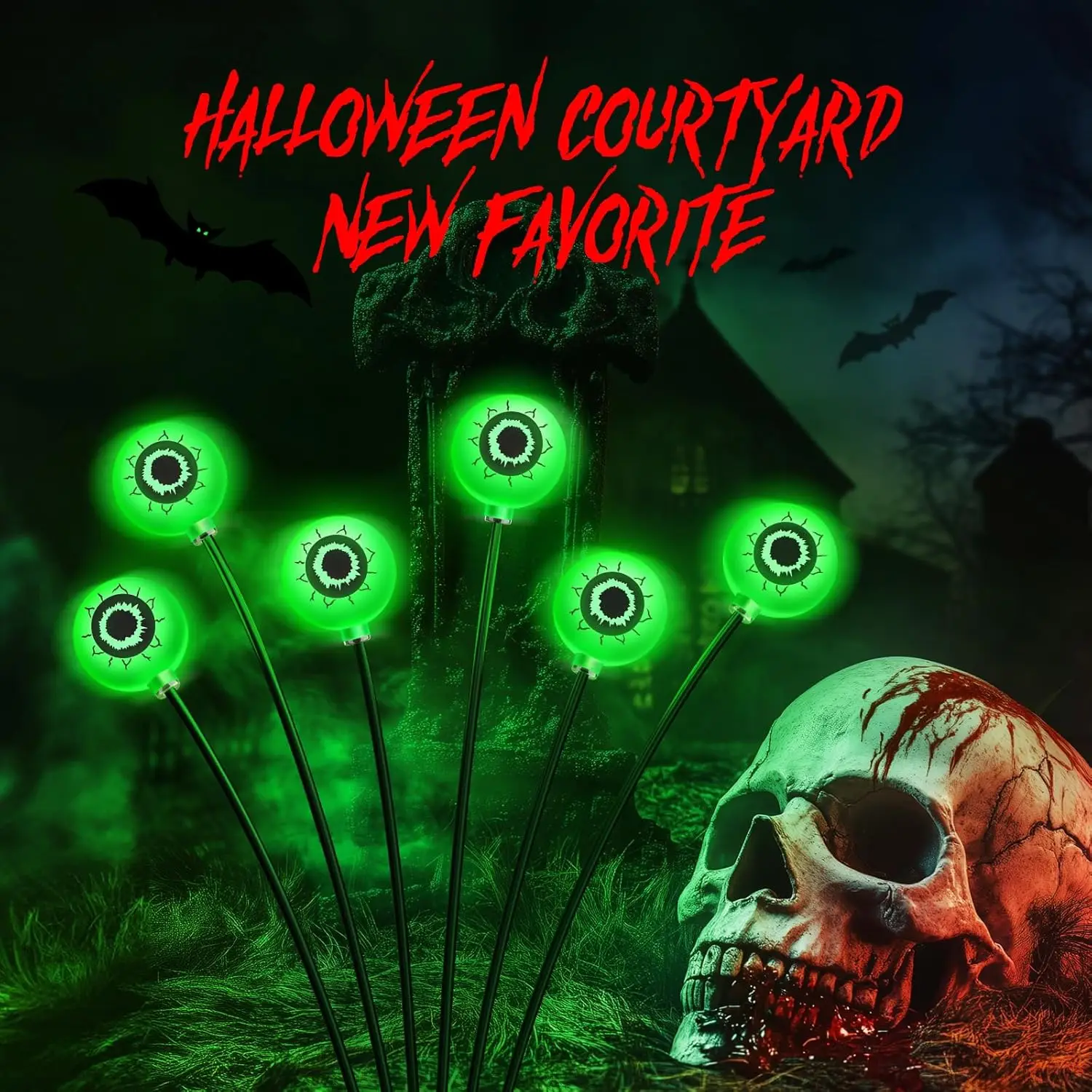 6/8/10LED Solar-Powered Halloween Eyeball Stake Lights Waterproof Terrifying Wiggling Eyes for Lawn Garden Pathway Decor