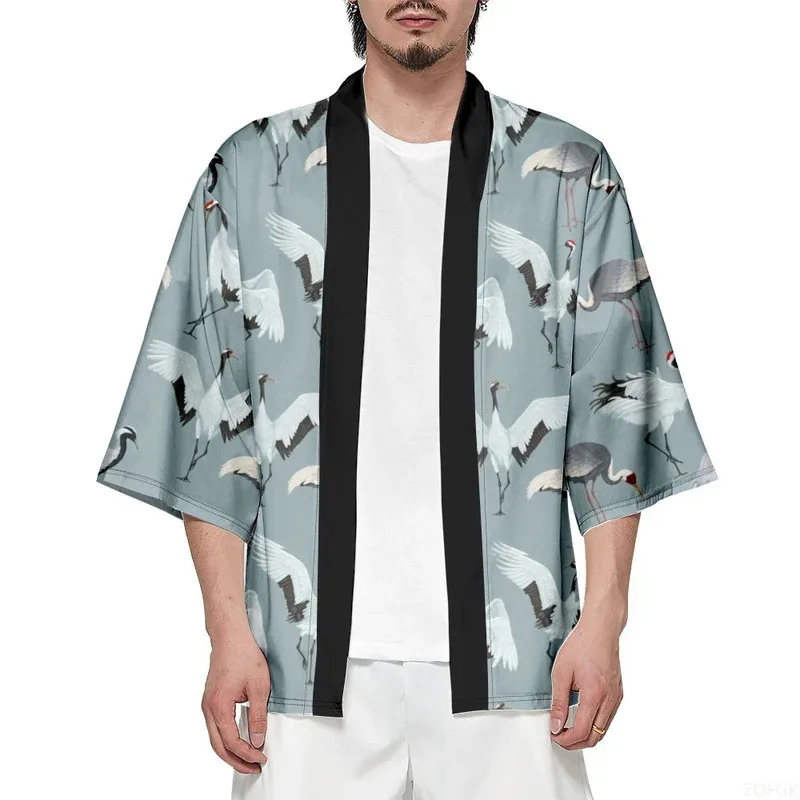 Crane Kimono Robe Women's Printed Haori Cardigan, Spring Beach Half Sleeved Cardigan Top