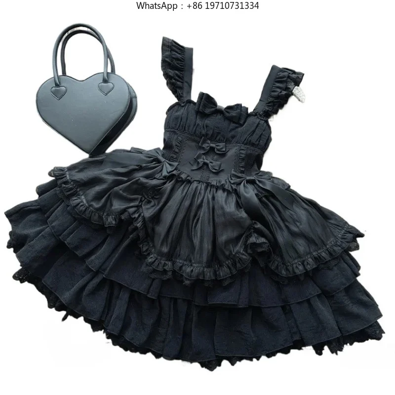 Women Gothic Lolita JSK Mini Dress Lace Ruffles Bow Princess Y2K White Party Dress