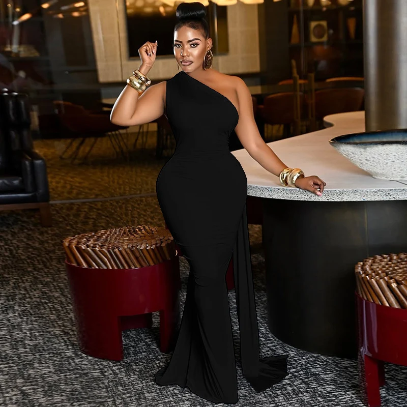 Sexy One-Shoulder-Partykleider mit Skew-Ausschnitt für Damen, Abend, Geburtstag, Nachtclub, rückenfrei, aushöhlen, gerüschte Bänder, Abschlussball-Maxikleid