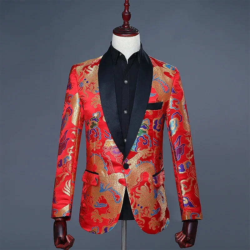 

Men's Groom Colorful Dragon Chinese Style Suit Singer Performance Host Stage Dress Top Men Clothing Blazer Men Blazers