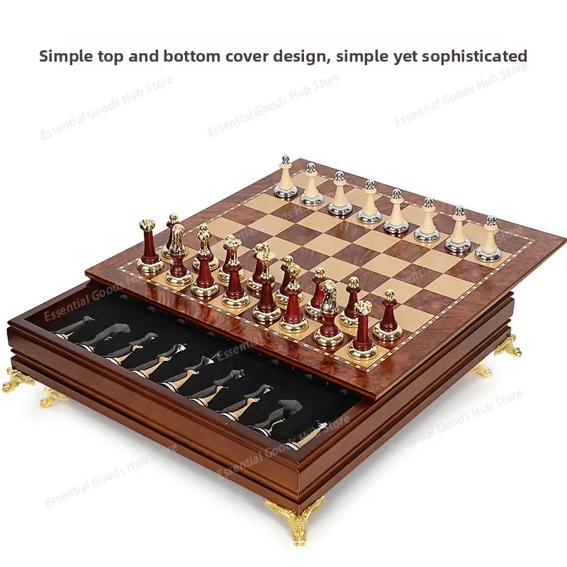 Luxury Metal & Solid Wood, Desktop Storage Design, Exquisite Chess Set
