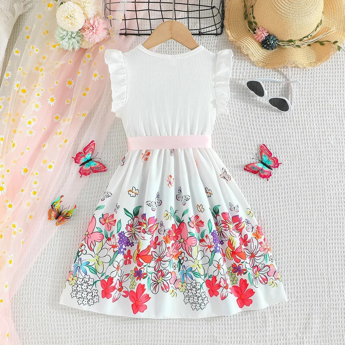 Casual Dress Butterfly Floral Skirt Fashion Fly Sleeves Knee-Length Skirt Refreshing and skin-friendly Summer Girls Dresses 2024