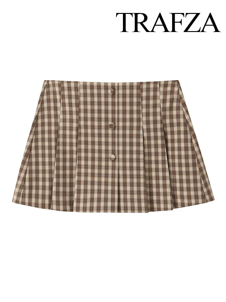 

TRAFZA женские шикарные клетчатые пуговицы украшают повседневные брюки-кюлоты в стиле ретро женские летние модные тонкие плиссированные мини-юбки на молнии шорты Mujer