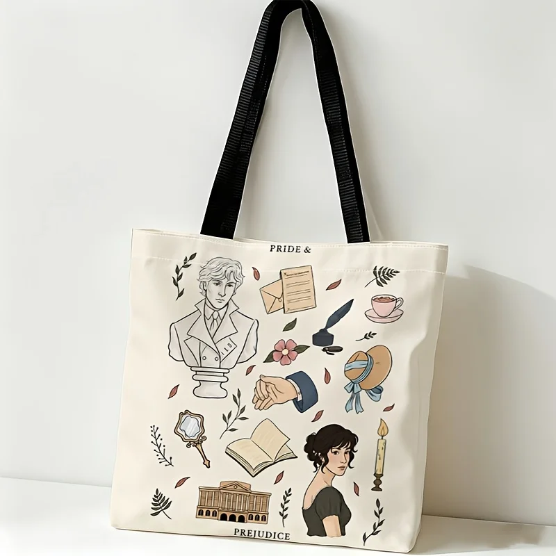 Pride and Prejudice Elements Illustration Collection Digital Printing Fashion Shopping Bag Print Tote Bag，fashion lady shopping
