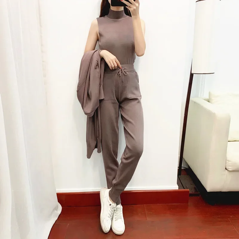 3 Piece Set Muslim Women Knitting Vest Cardigan Long Coat Pockets Trousers Drawstring Suit Pencil Pants Outfits Knit Ensemble