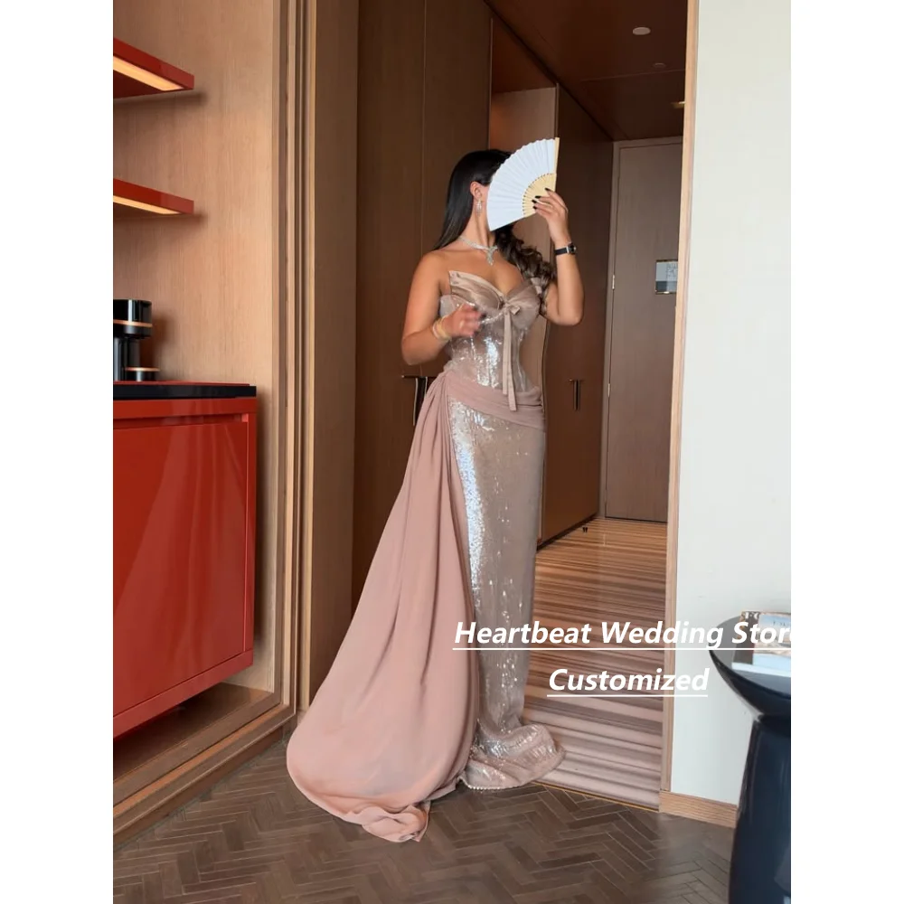 Customized Champagne Strapless Sweetheart Sequin Mermaid Gown Mother Of The Bridal Dresses Chiffon Sash Formal Evening Dress