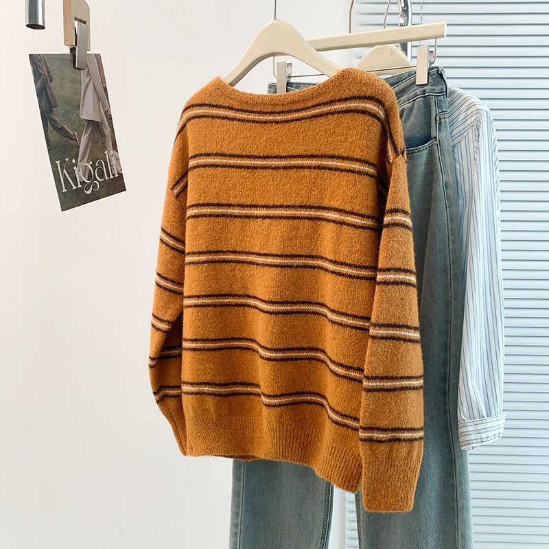 Suéteres de punto para mujer, Jersey informal a rayas, Jersey Retro de otoño-invierno, suéter holgado de gran tamaño Harajuku