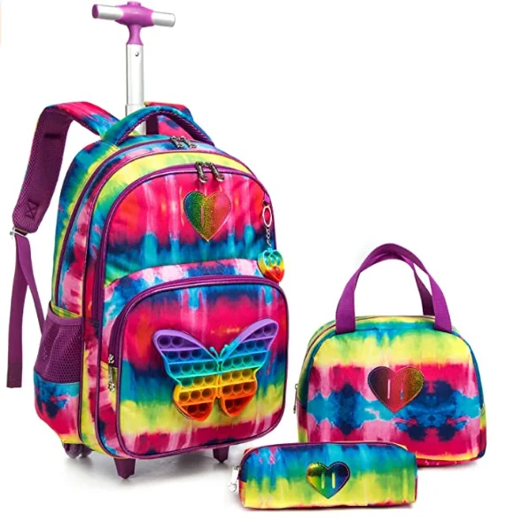 Schule Trolley Tasche mit mittagessen tasche Schule Rollende Rucksack Set Rädern rucksack für mädchen Kinder 3 stücke Schul set mit räder