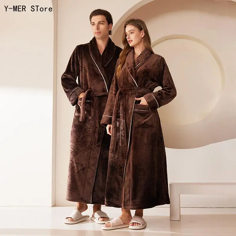 Unisex Couple Winter Thickened Flannel Bathrobe Solid Color Long Warm Belted Loungewear Robe for Men Women