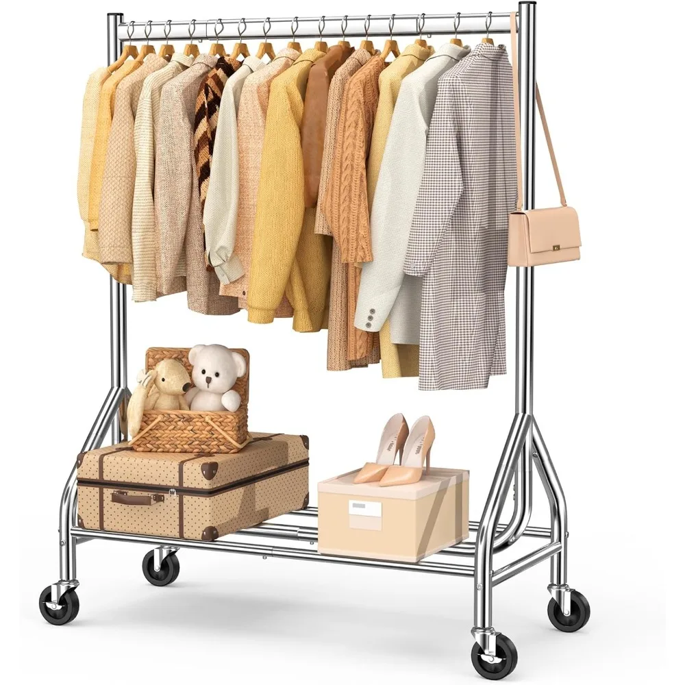 

Heavy Duty Clothes Rack Load 420 LBS, Rolling Garment Rack with Lockable Wheels, Standing Metal Clothing Rack with Shelves, Por