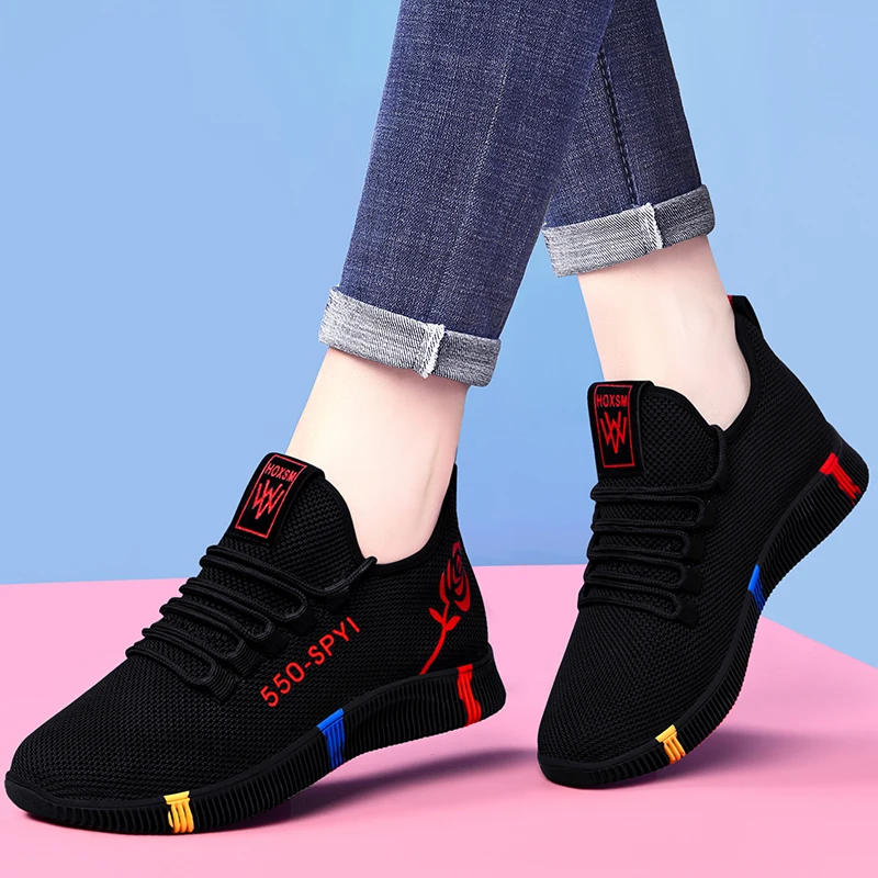 2022 Running Sports Summer Shoes for Girls Mesh Breathable Lace-up Walking Gym Trainers Women Woman Sneakers with Platform Black