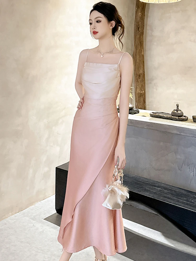 Summer Lady Beach Holiday Evening Dress Women Clothing Sweet Chic Sexy Strap Folds Slim Maxi Party Birthday Vestidos Fiesta Robe