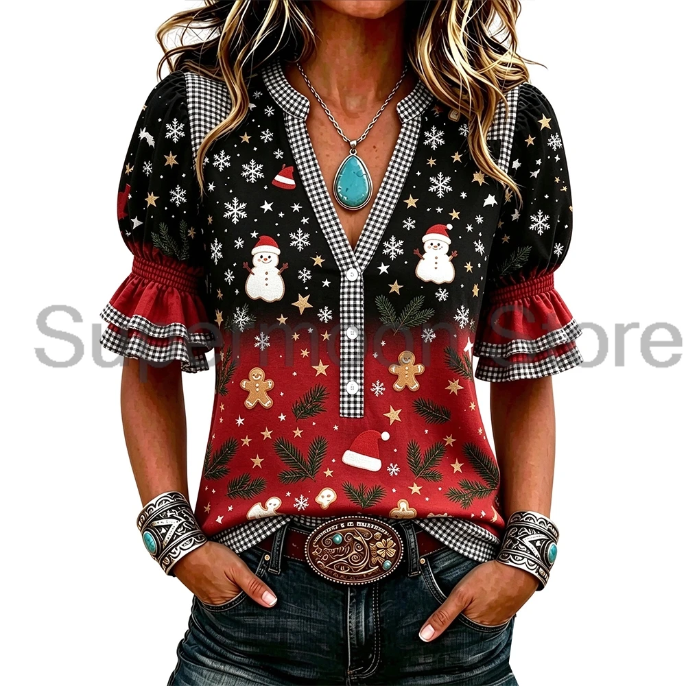 Women Christmas Gradient Print Blouse V-Neck Ruffle Puff Sleeve Loose Fit Tunic Shirt Cowgirl Country Summer Tops