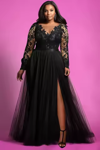 Plus Size Women'S Dress Lace See Through Mesh Split Hem High Waist Elegant Wedding Guest Long Sleeve V-Neck Evening Maxi Dress
