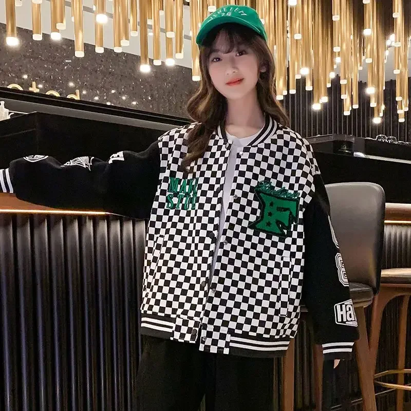 2024 New Kids Fashion Baseball Jacket Kids Girls Korean Casual Loose  Letter Bomber Sweatshirt Uniform Streetwear Tops 4-12Yrs