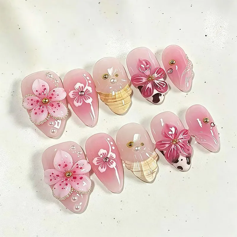 30pcs Women Pink 3D Flower Ice Cream Handmade Press On Nails Cute Girl Reusable False Nail Art For Daily Party Holiday Wear JT39