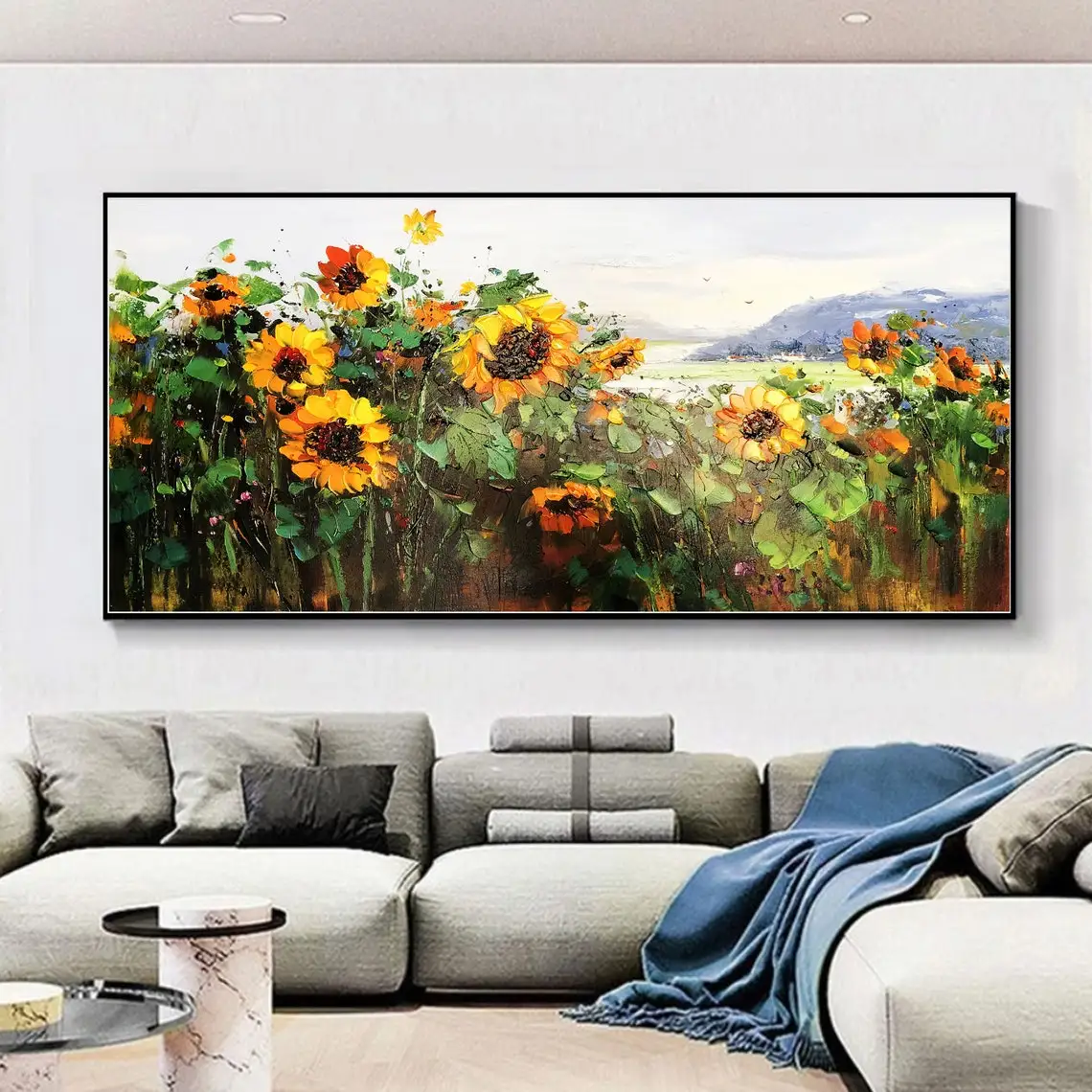 Large Handmade Yellow Sunflower Landscape Oil Painting Blossom Sunflower Painting Modern Textured Floral Painting Wall Art Decor