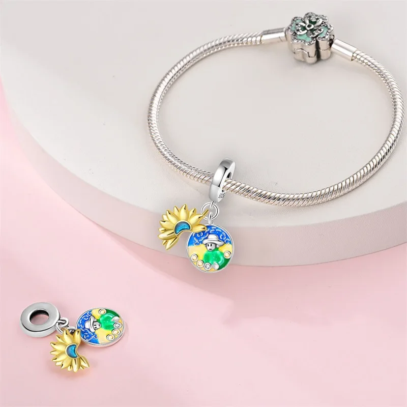 New Original 925 Sterling Silver Sunflowers Under The Starry Sky Charms Pendant For Women Exquisite DIY Party Jewelry Gifts