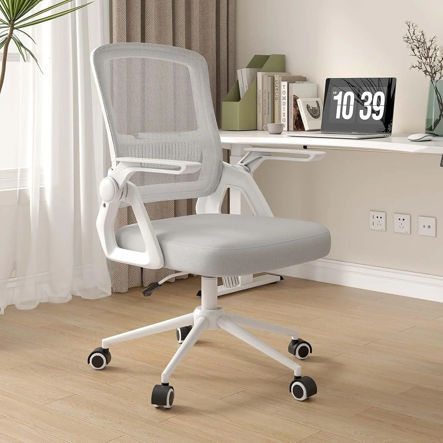 Oficina con Reposabrazos Plegables, Silla Escritorio Ergonómica, Giratoria Ordenador de Malla, Soporte Lumbar, Regulable en Altu
