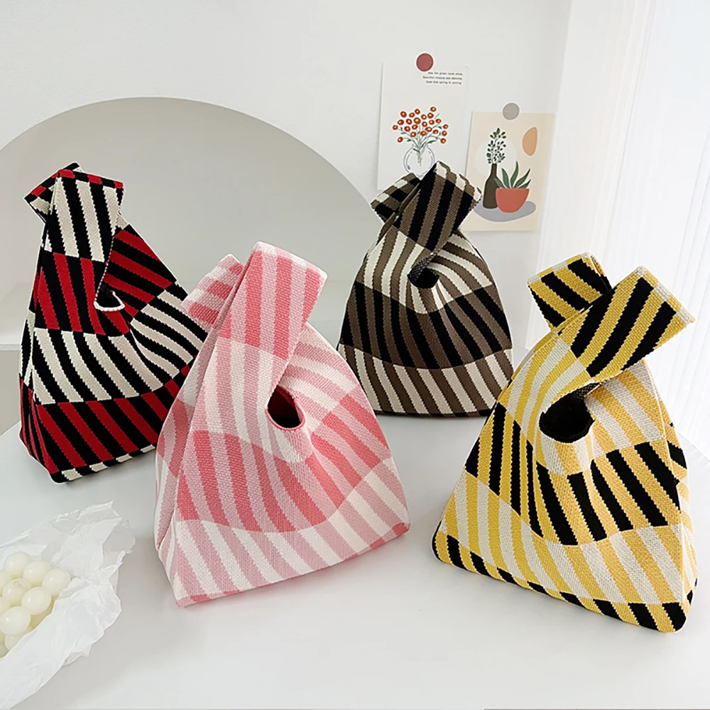 Handmade Knit Handbag Women Mini Knot Wrist-bag Female Casual Color Wide Stripe Plaid Tote Bag Student Reusable Shopping Bag