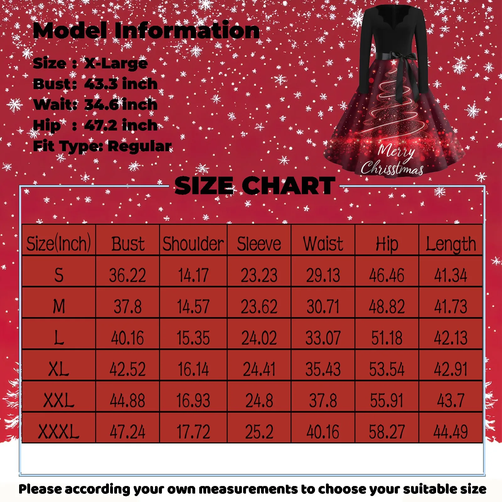 เดรสคริสต์มาสพิมพ์ลายสำหรับผู้หญิง เอวสูง ทรงเอ แฟชั่นลำลอง แขนยาว คอวี สำหรับงานปาร์ตี้ ชายกระโปรงบานใหญ่ แต่งโบว์