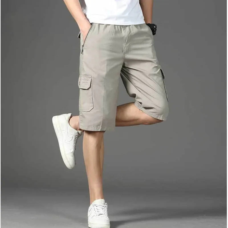 Summer Men's Clothes Solid Color Pockets Elastic Beach Leisure Home Vacation High-end Breathable Loose Cotton Short Pants