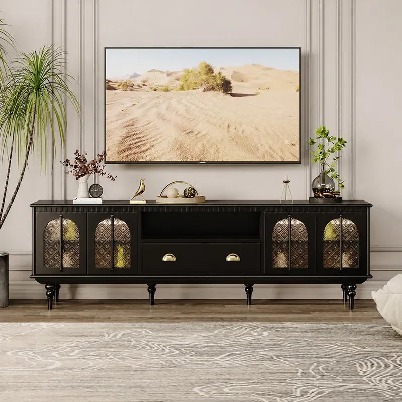 Retro Solid Wood TV Cabinet with Sensor Light Black Wall Mounted Glass Door Living Room Audio Visual Storage Cabinet