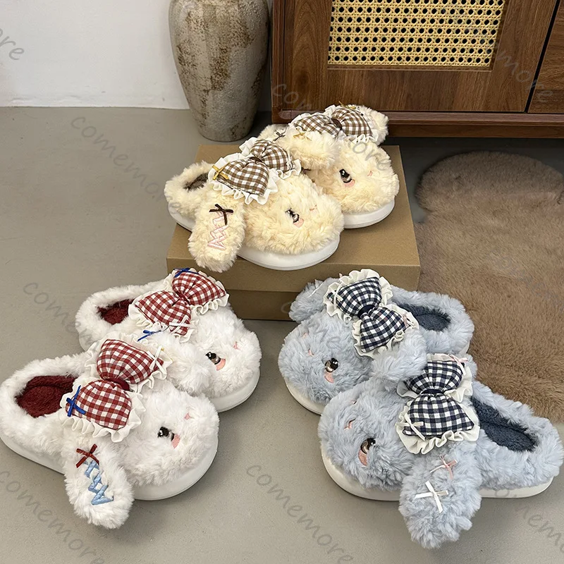 Comemore Niedliche Cartoon-Baumwoll-Hausschuhe für Damen, lässig, dicker Boden, gepolstert, verdickt, warme Schleife, Damenschuhe, pelzige flache Rutschen