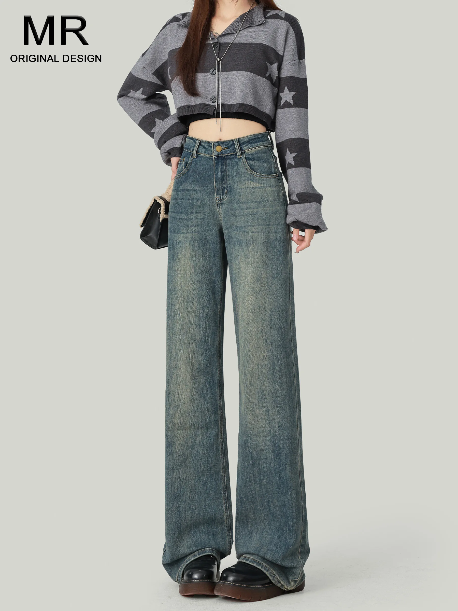 

Женские джинсы с высокой талией и прямыми штанинами, осенняя новинка, утягивающие, широкие брюки, повседневный стиль, на пуговицах, хлопок/полиэстер