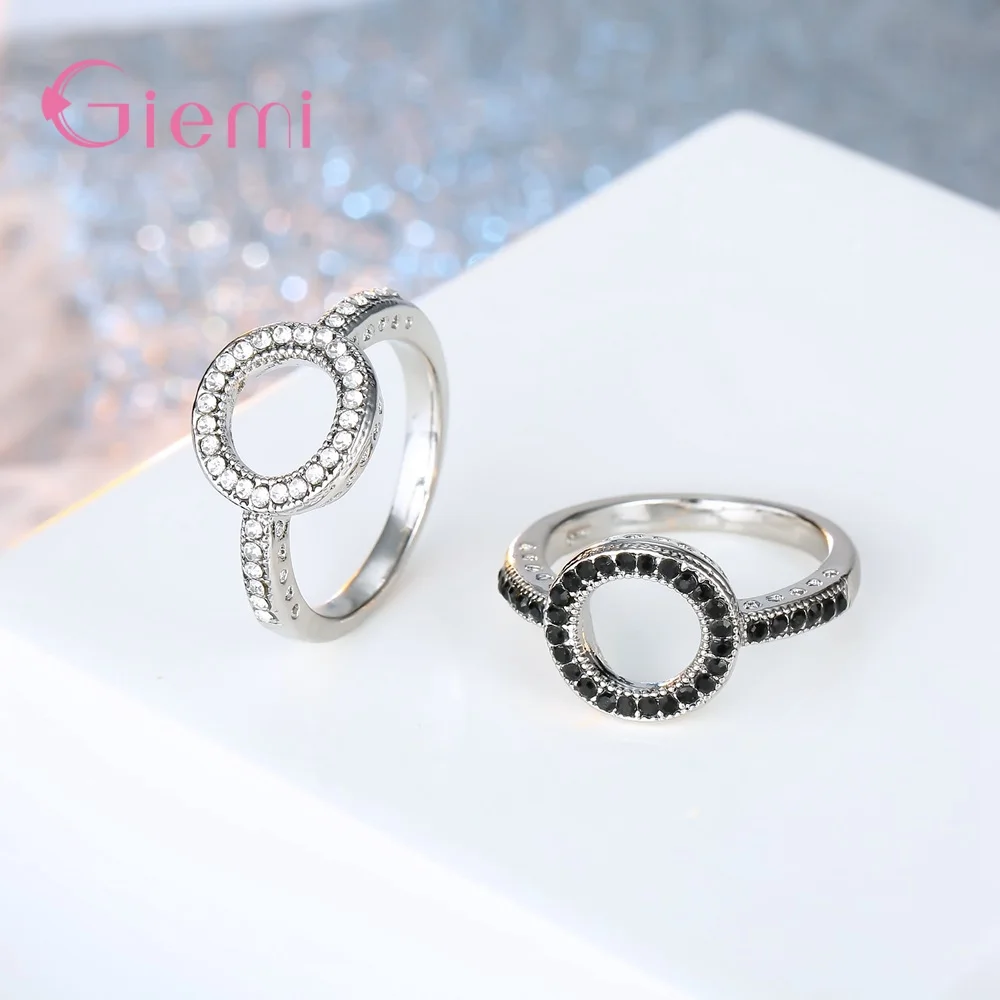 Hollow Round Ring face 925 Silver Needle CZ Black White RhinestonesEngrave Heart Gift Ring for Female Jewelry