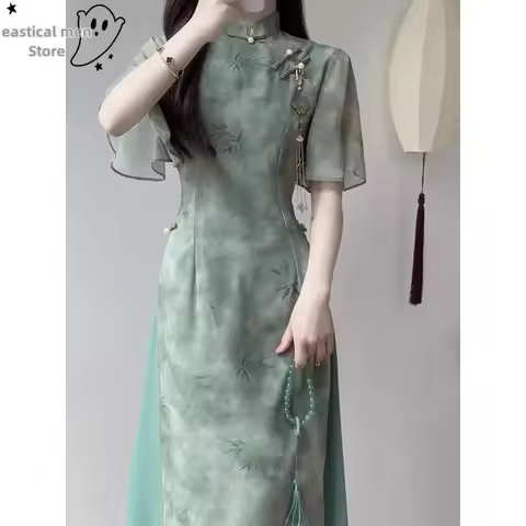 Young Oriental Lady Evening Dress Women Green Aodai Qipao Vintage Cheongsam Summer Daily Vestidos New Chinese Style Dress